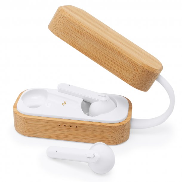 BLUES Eco wireless earplugs in bamboo charging case.