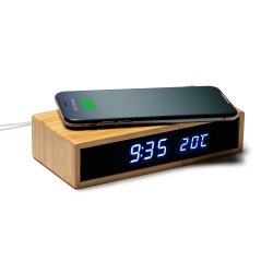 DUNCER Bordklokke med 5W trdls lader av bambus