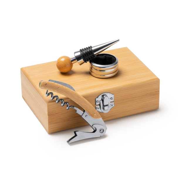 TINTOS Wine set with stainless steel and bamboo accessories.  Corkscrew, stopper and drip ring.