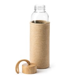 SIBU Brekraftig glassflaske med jutedeksel og bambushette. 500 ml kapasitet.