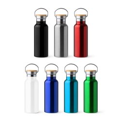 TISET Dobbeltvegget drikkeflaske i rustfritt stl med logo.Bambuslokk. 500 ml kapasitet.