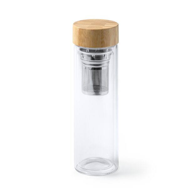 SAOKO Dobbeltvegget teflaske med bambuslokk, te- eller fruktsil, 420 ml