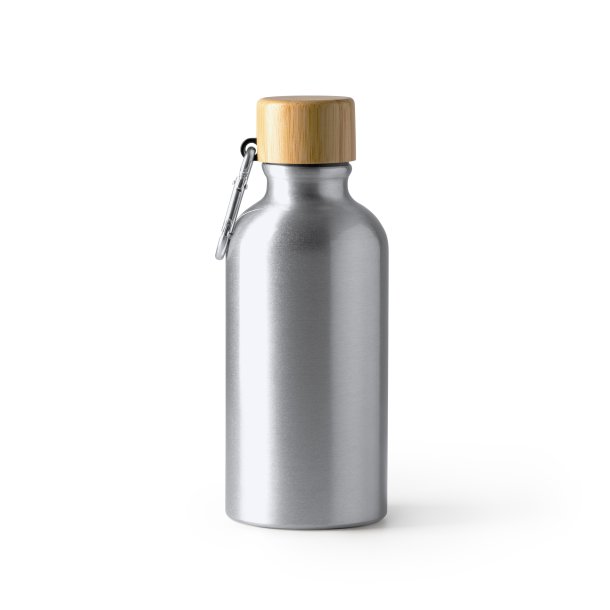 GELDA Aluminium bottle with carabiner and bamboo lid. 400ml capacity.